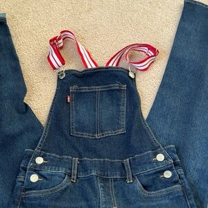 Denim Overalls with Red Striped Straps